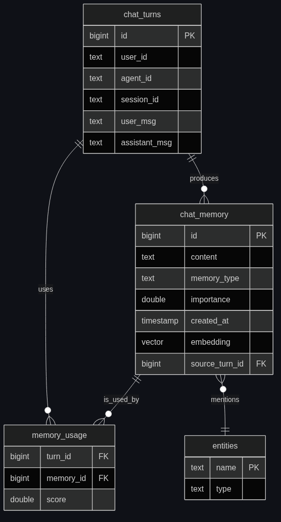 Schema: chat_turns, chat_memory, memory_usage, and the entity graph